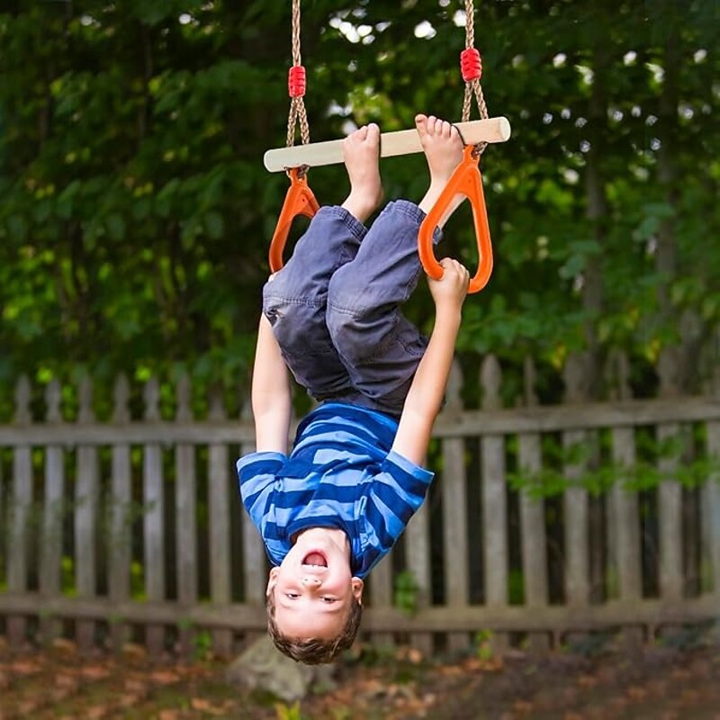 Children's Wooden Trapezoidal Swing Game With Plastic Gym Ring For Indoor And Outdoor Entertainment4