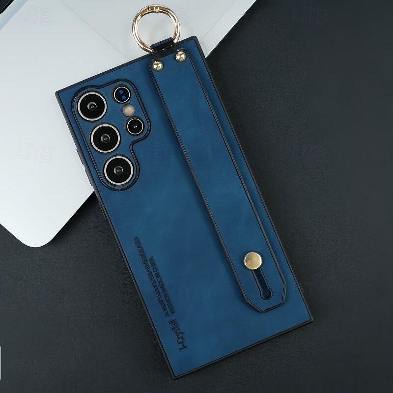 Phone Case For Apple AirTag S25 S24 S23 Ultra Plus S22 Back Cover Ring Holder with Wrist Strap Shockproof TPU PC PU Leather4