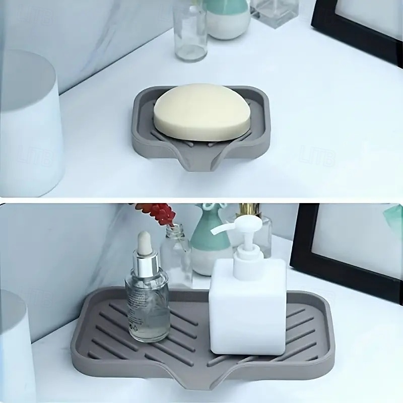 Sink Storage Box with Drainage, Kitchen Faucet Splash Guard, Soap Dispenser and Sponge Holder, Multifunctional Gray Countertop and Bathroom Tray, Practical Kitchen Organizer4