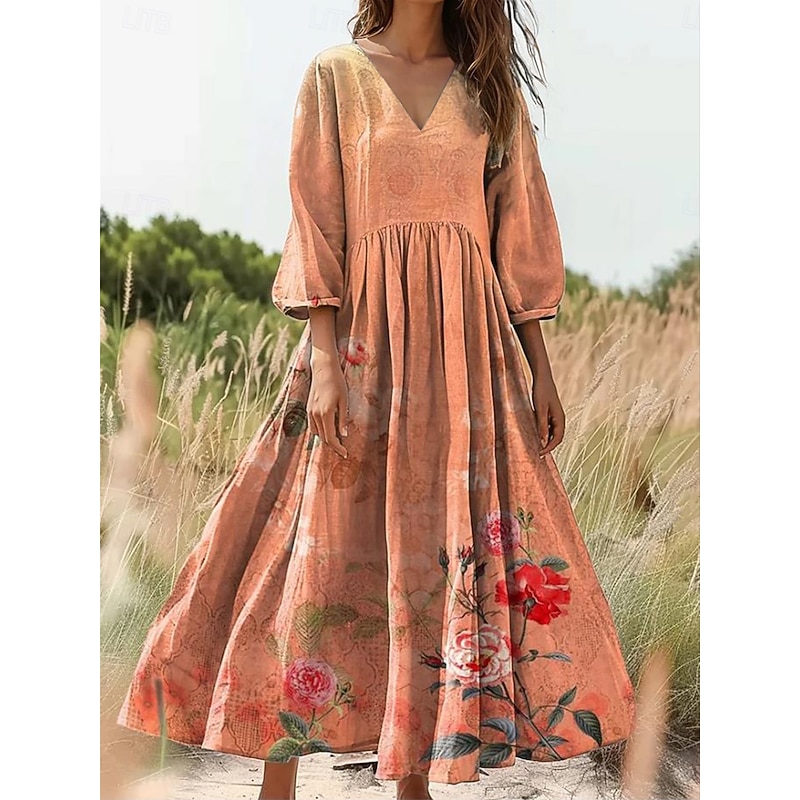 Women's Maxi Dress Sundress A Line Dress Pleated Dress Vacation Casual Boho Daily Holiday Date Floral Graphic Long Sleeve V Neck Orange Light Orange