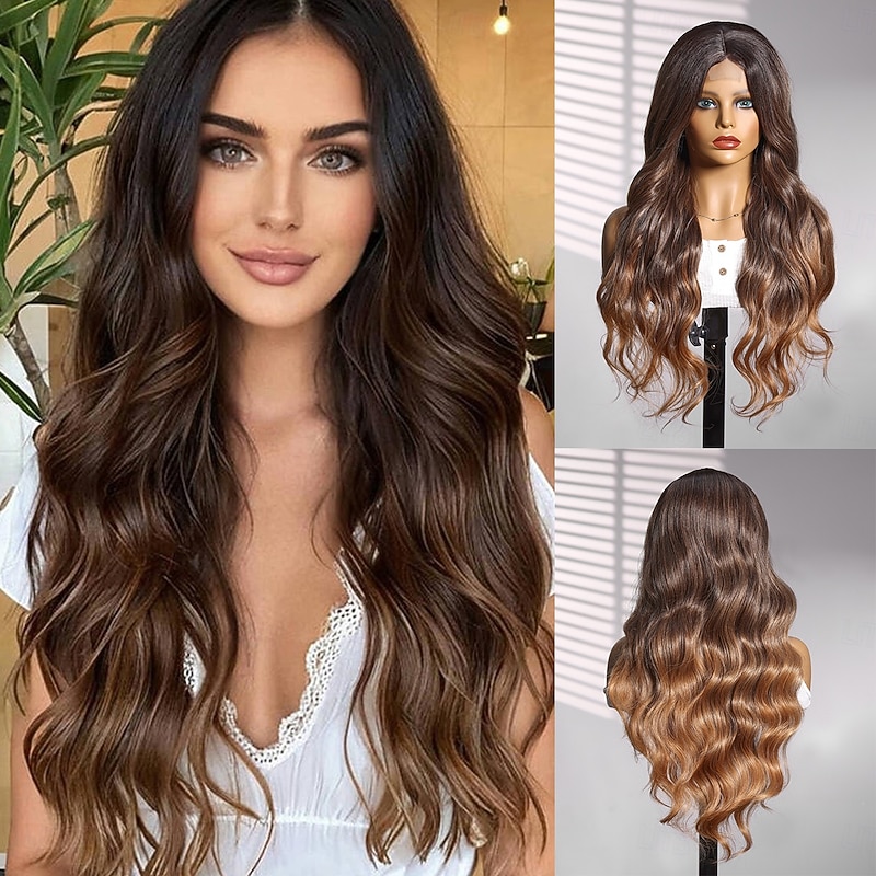 Synthetic Lace Wig Curly Style 26 inch Multi-color Middle Part U Part Wig Women's Wig Dark Brown