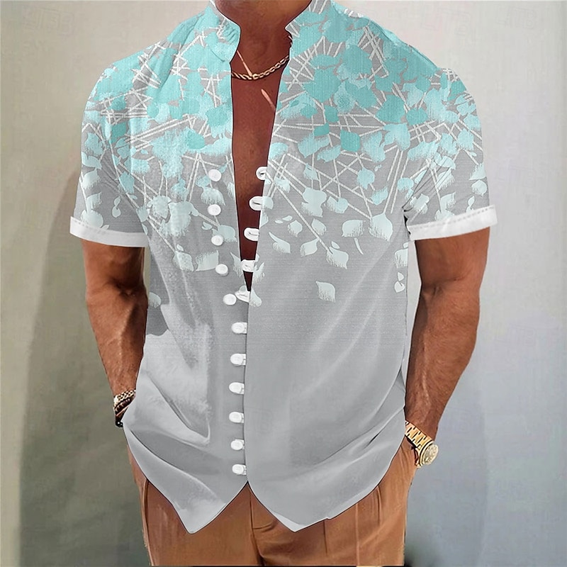 Men's Floral Print Gradient Color Flowers Summer Hawaiian Shirt Aloha Shirt Stand Collar Shirt Short Sleeve Hawaiian Vacation Beach Wear Summer Spring Mandarin Collar 3D Print Button Down Shirts2