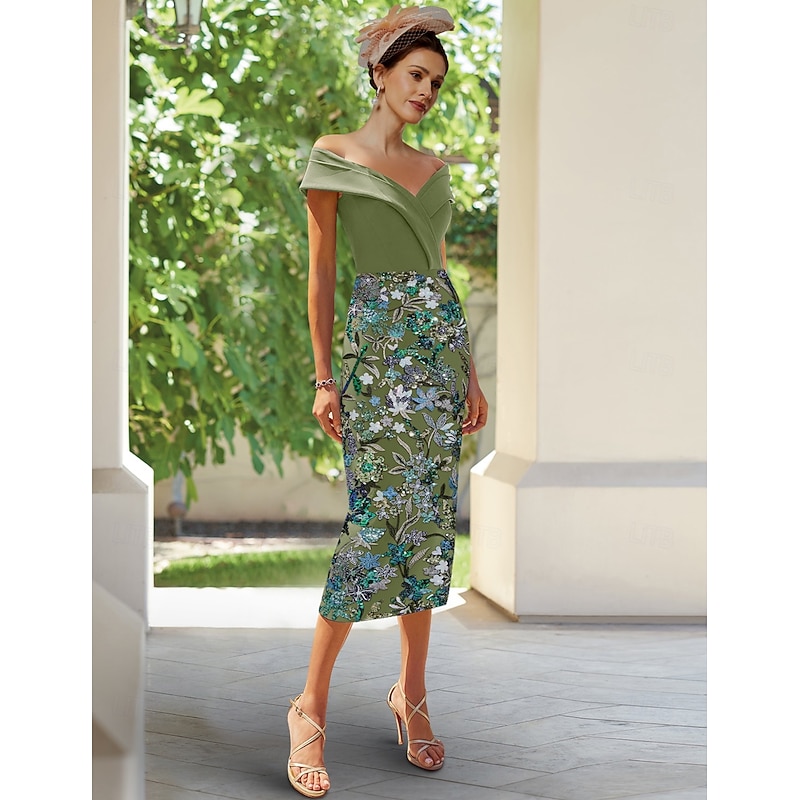 Column Embroidered Cocktail Dresses Vintage Formal Wedding Guest Ankle Length Short Sleeve Off Shoulder Convertible Stretch Crepe with Slit3