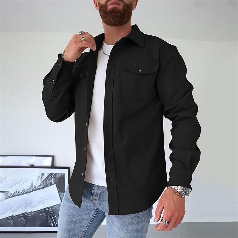 Men's Shirt Jacket Transition Jacket Daily Lightweight Pocket Summer Spring Plain Casual Lapel Regular Black Navy Blue Blue Khaki Light Grey Jacket2