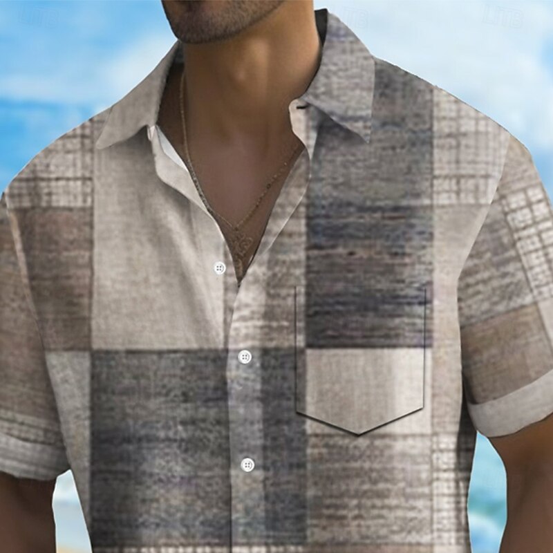 Men's Geometric Color Block Grid / Plaid Shirt Summer Shirt Button Up Shirt Short Sleeve Fashion Casual Vacation Holiday Streetwear Summer Turndown 3D Print Front One Pocket Linen Like Shirt Khaki2