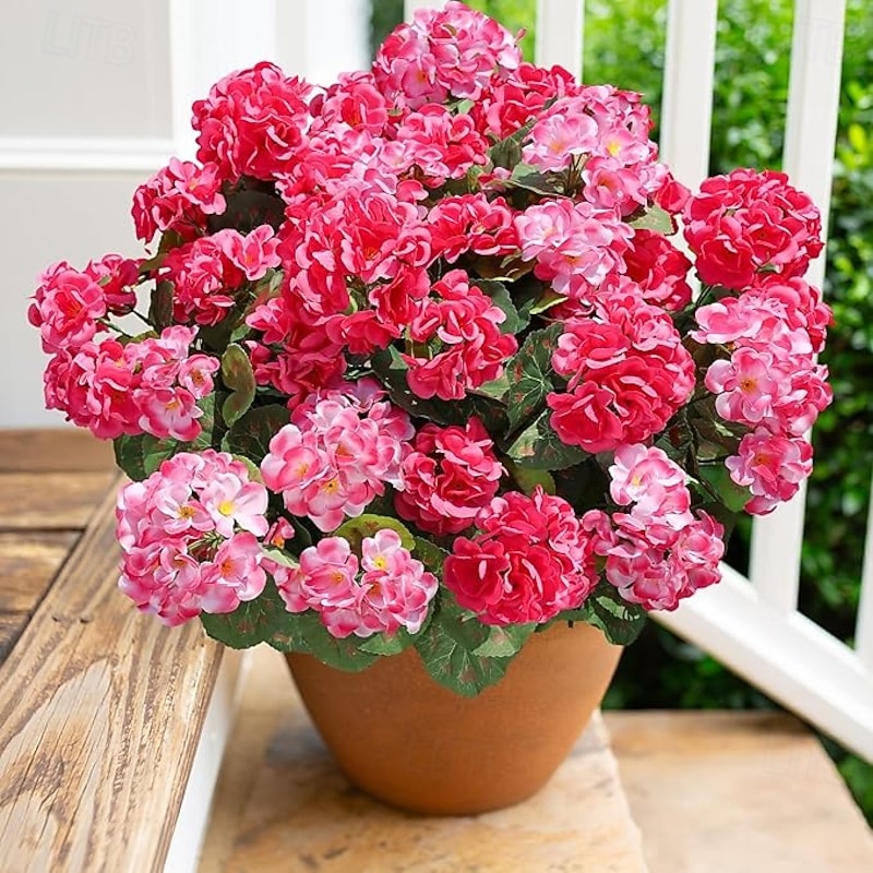 6 Bundles Artificial Geranium Fake Flowers for Outdoors Decoration(Pot Not Include),Silk Geraniums Flower UV Resistant Look Real Faux Plants for Front Door Garden Porch Planter Patio Balcony Yard
