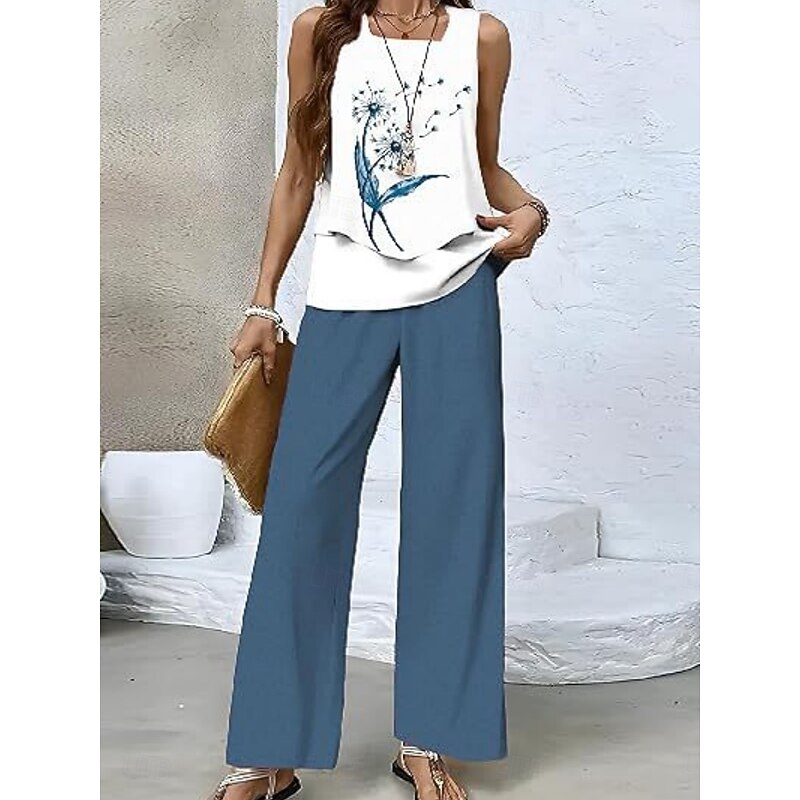 Women's 2 Pieces Fashion Streetwear Daily Camis Pants Sets Sleeveless Square Neck Floral Graphic Print Outdoor Casual Daily White Navy Blue Royal Blue Summer Loose Fit