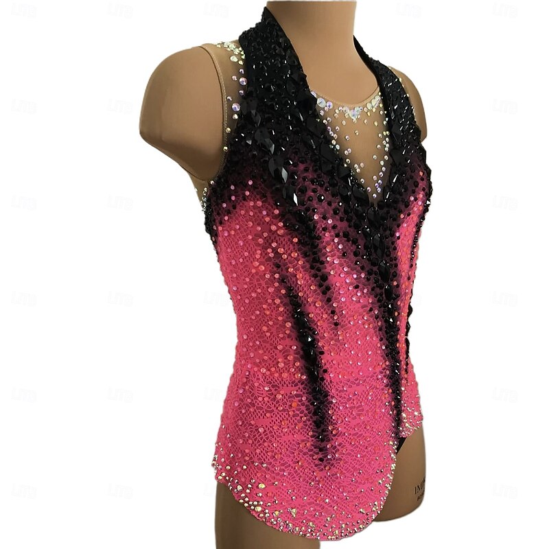 Rhythmic Gymnastics Leotard Women's Girls' Ice Skating Gymnastics Leotard Dark Pink Thumbhole Halo Dyeing High Elasticity Professional Competition Skating Wear Crystal / Rhinestone Sleeveless Ice Skating3