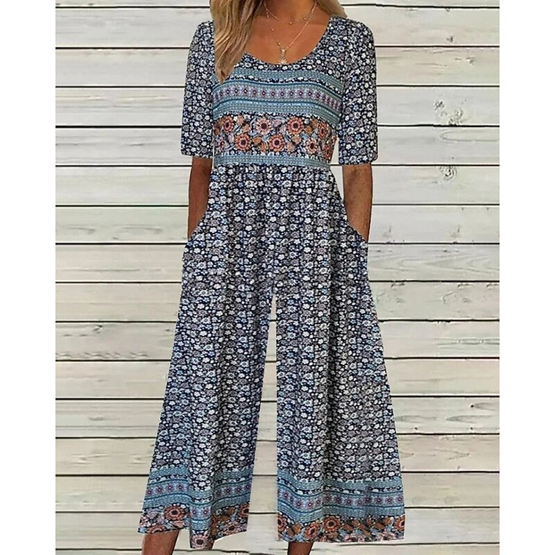 Women's Normal Jumpsuit Casual Floral Short Sleeve Crew Neck Print Street Daily Regular Fit Blue Apricot Summer3