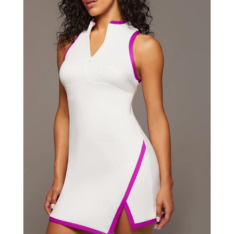 Women's Patchwork Tennis Dress Sleeveless Contrast Binding Split Breathable Tennis Pickleball Yoga V Neck Dress Black White Red Spandex Tennis Clothing2
