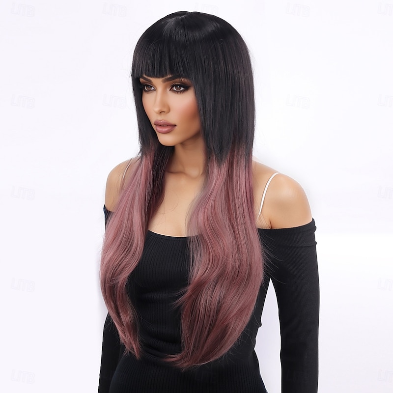 Synthetic Wig Yaki Straight Layered Haircut With Bangs Machine Made Wig 28 inch A1 Synthetic Hair Women's Classic Comfortable Color Gradient Multi-color4