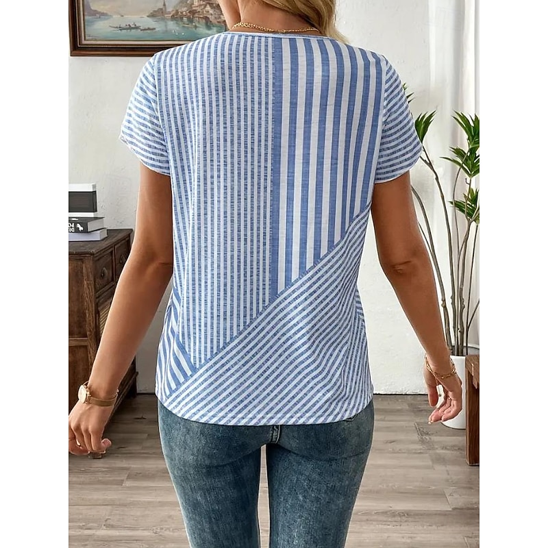 Women's T Shirt Graphic Geometric Striped Vintage Stylish Classic Short Sleeve Crew Neck Regular Tops Daily Print Blue Sky Blue Summer Spring3