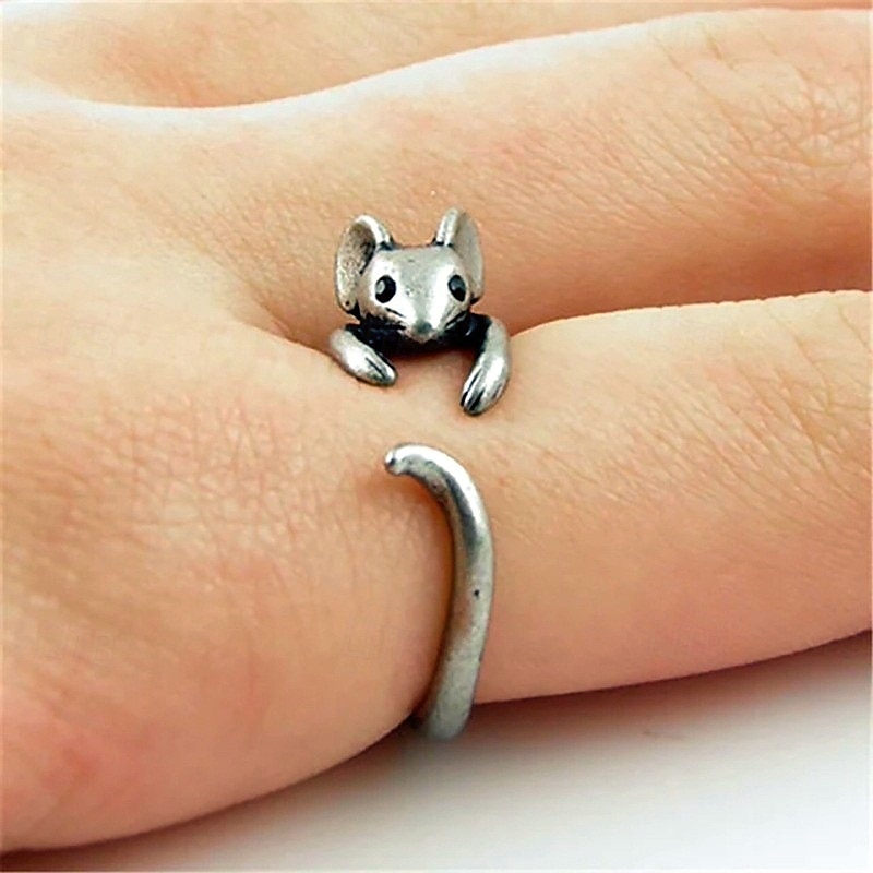 Little Mouse Ring Wrap Around Ring for Women, Adjustable Open Animal Ring, Cute Vintage Rat Design Statement Jewelry Gift for Her4