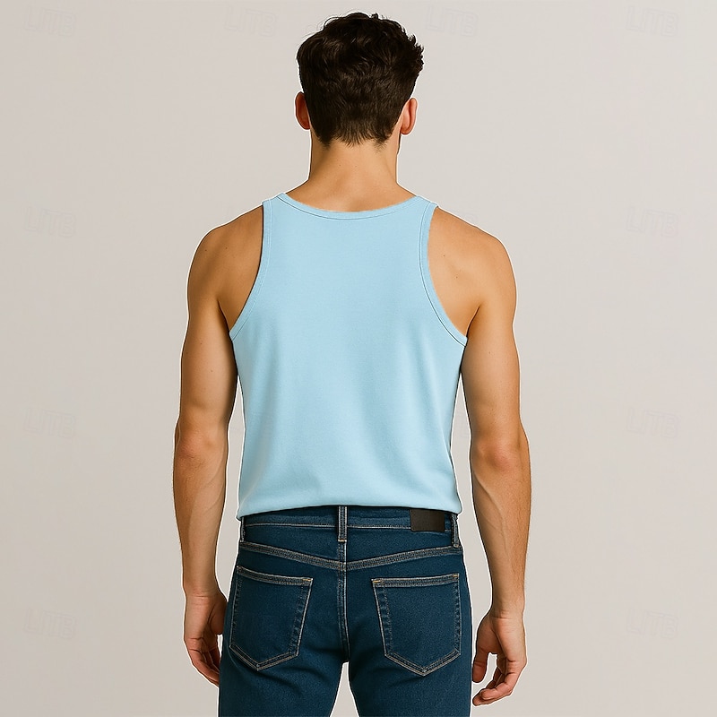 Men Sleeveless Round Summer Solid Color Vacation Daily Casual Plain Outdoor Vacation Home White Light Blue Top Tee for Men3
