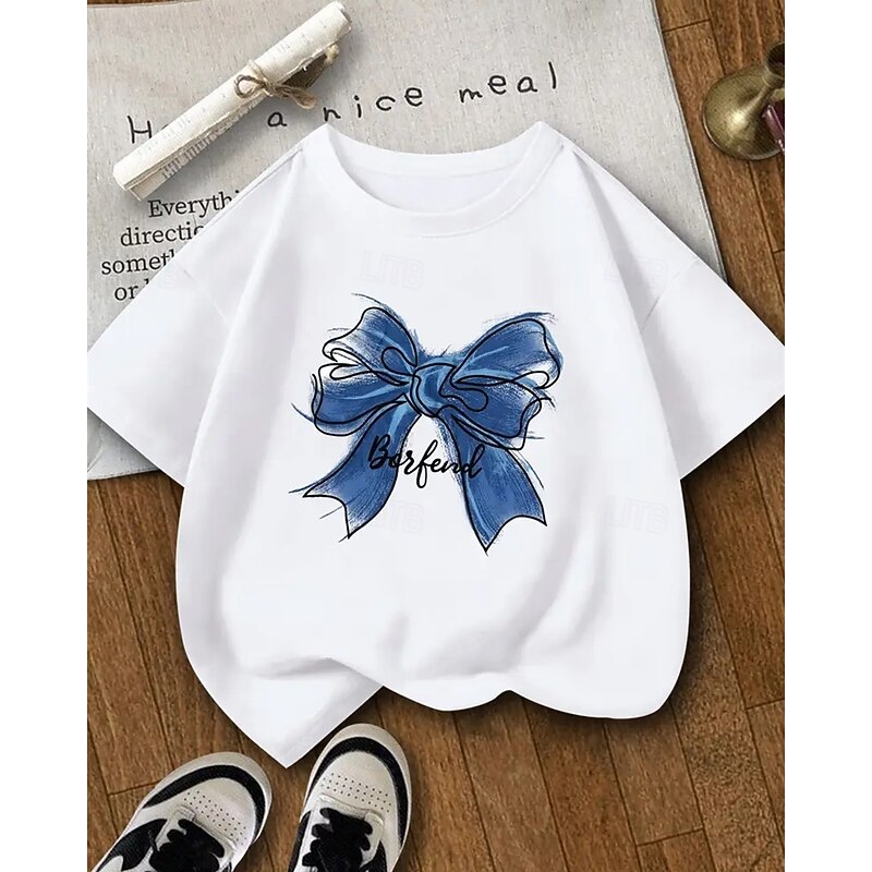Girls' 3D Bow tie T shirt Tee Short Sleeve Summer Spring Fashion Basic Kids 4-12 Years Crew Neck Outdoor Casual Daily Regular Fit