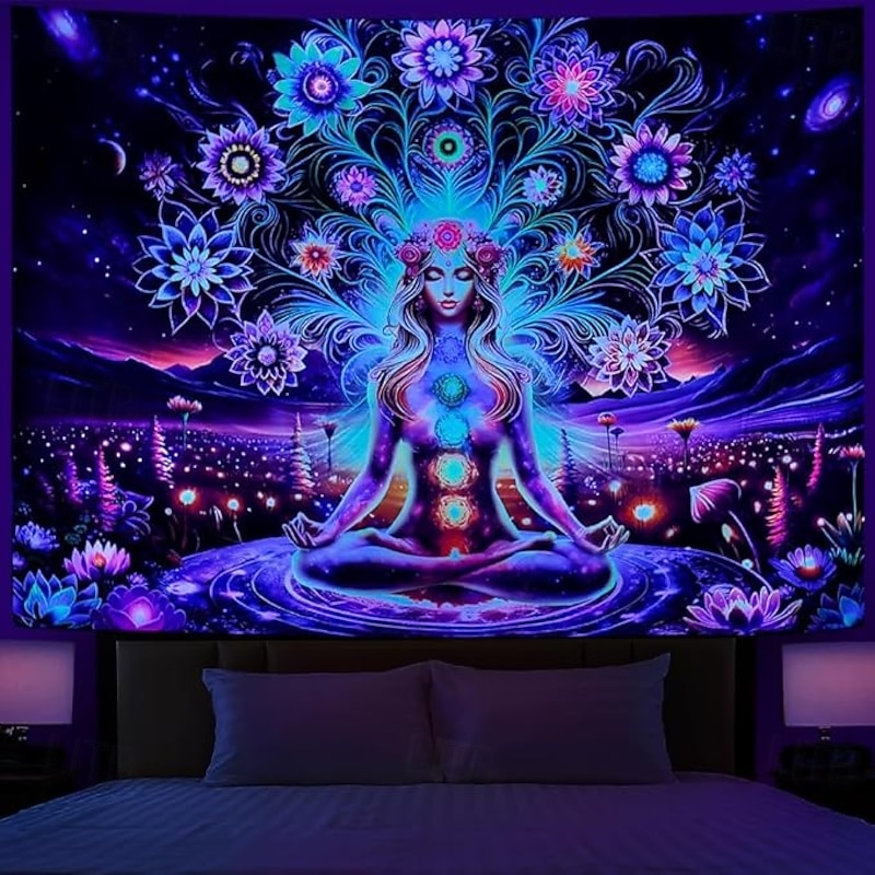 Blacklight Tapestry Glow in the Dark Glow Party UV Reactive Boho Mandala Chakara Trippy Misty Meditation Hanging Tapestry Wall Art Mural for Living Room Bedroom