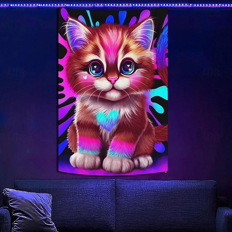 Sheena Pike Blacklight Tapestry Glow in the Dark Glow Party UV Reactive Trippy Misty Hanging Tapestry Wall Art Mural for Living Room Bedroom Lil Kitty2