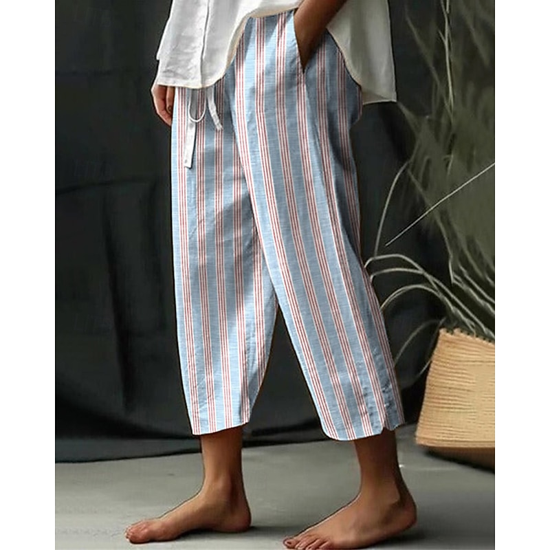 Women's Linen-Inspired Pants Harem Pants Fashion Boho Full Length Mid Waist Stripe Elastic Waist Breathable Comfortable Micro-elastic Street Daily Wear Going out Pink Blue Light Blue Summer Spring