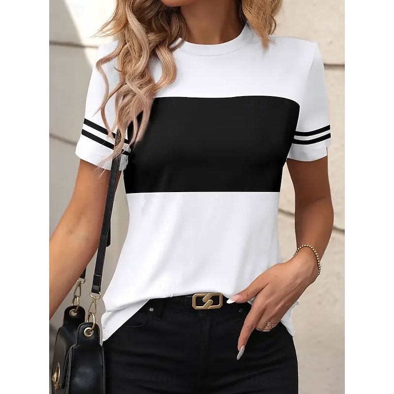 Women's T Shirt Graphic Striped Vintage Stylish Classic Short Sleeve Crew Neck Regular Tops Daily Weekend Print Black White Summer