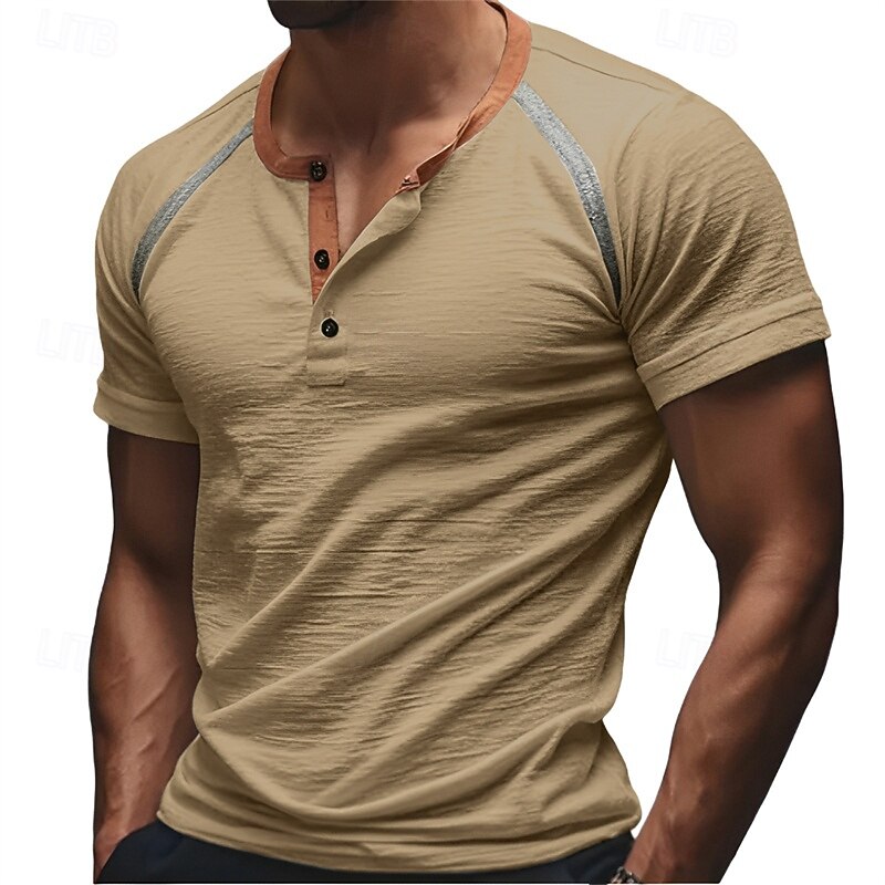 Men's T Shirt Henley Shirt Tee Short Sleeve Shirt Short Sleeve Henley Summer Plain Fashion Designer Basic Patchwork Buttons Vacation Street Going out White Blue Green Top Tee for Men