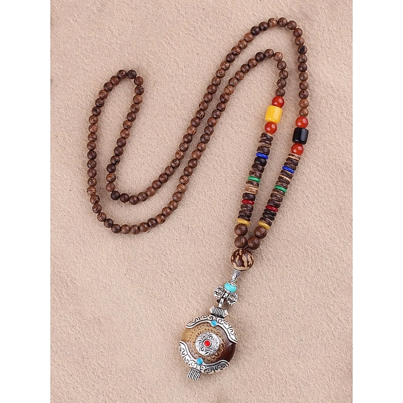 Men's Natural Wood Bead Necklace with Tibetan Totem Pendant, Boho Ethnic Style Long Chain Jewelry for Meditation, Yoga, Spiritual Gatherings and Casual Summer Outfits3