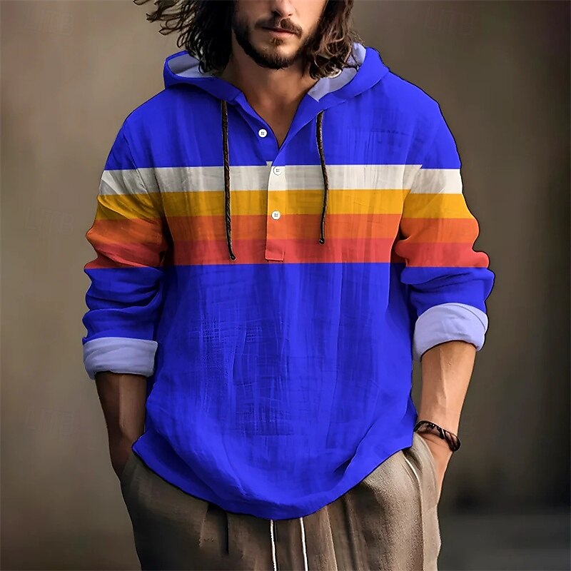 Men's Shirt Popover Shirt Summer Shirt Casual Shirt Beach Shirt Pink Red Blue Sky Blue Orange Long Sleeve Stripes Hooded Vacation Hawaiian Buttons Clothing Apparel Polyester Fashion Casual Comfortable3