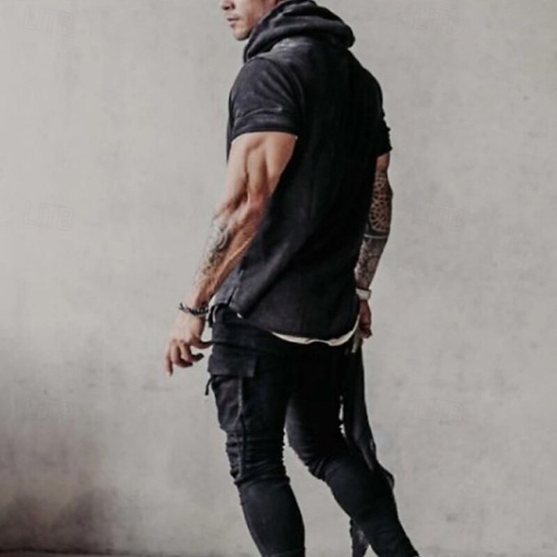 Men's T Shirt Tee Short Sleeve Shirt Tee Top Short Sleeve Hooded Summer Printed Fashion Designer Basic Patchwork Vacation Street Going out Dark Gray Top Tee for Men3