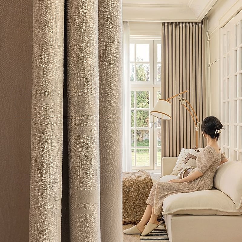 Linen Textured Thermal Curtains Blackout Privacy Protection Draperies, Noise Reducing Ring Top Drapes, for Bedroom/Living Room/Hotel 1pc