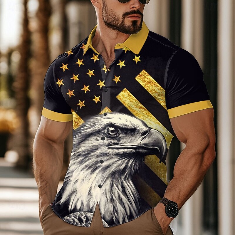 Independence Day Men's American US Flag Eagle Patriotic Shirt Summer Shirt Button Up Shirt Short Sleeve Fashion Casual Outdoor Holiday Summer Spring Turndown 3D Print Collared Shirts Black