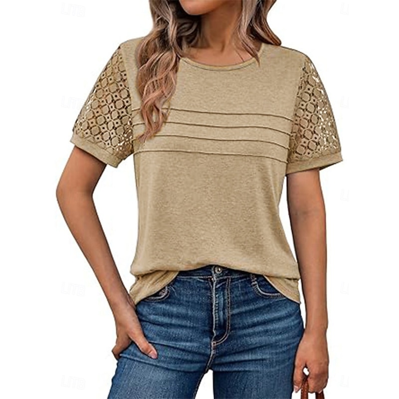 Women's T Shirt Plain Fashion Stylish Classic Short Sleeve Crew Neck Regular Tops Daily Weekend Lace Patchwork Black Pink Wine Khaki Summer