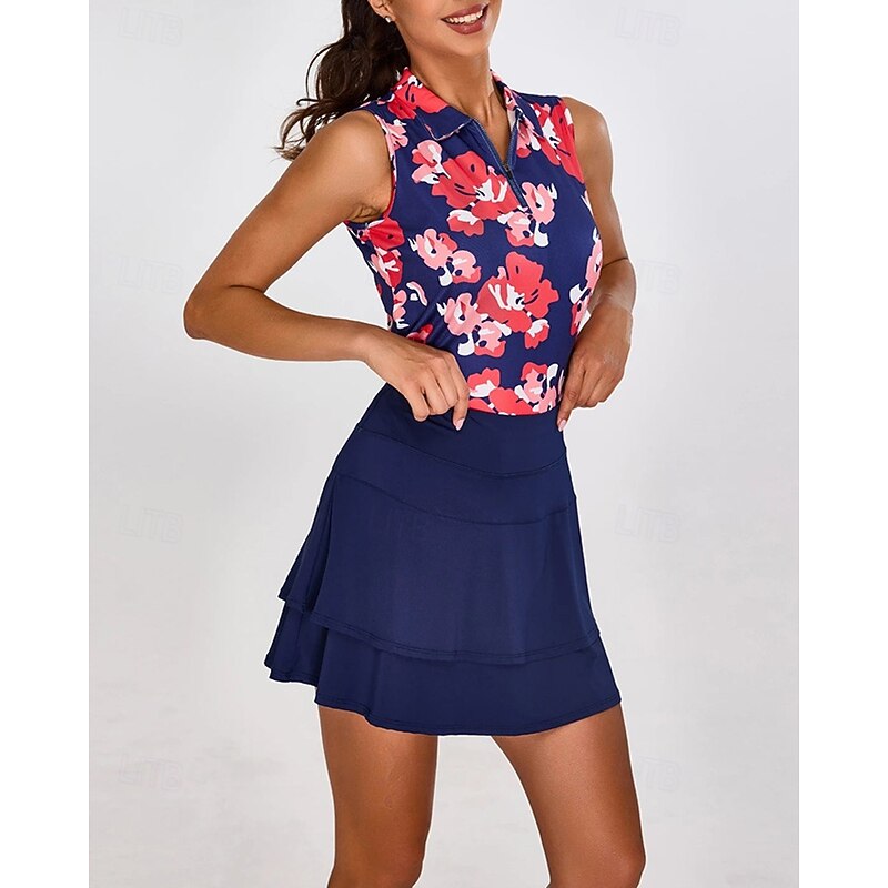 Women's Floral Tennis Shirt Sleeveless Print UPF50+ Quick Dry Tennis Golf Badminton Zip Collar Tee Tshirt Top Red Tennis Clothing3