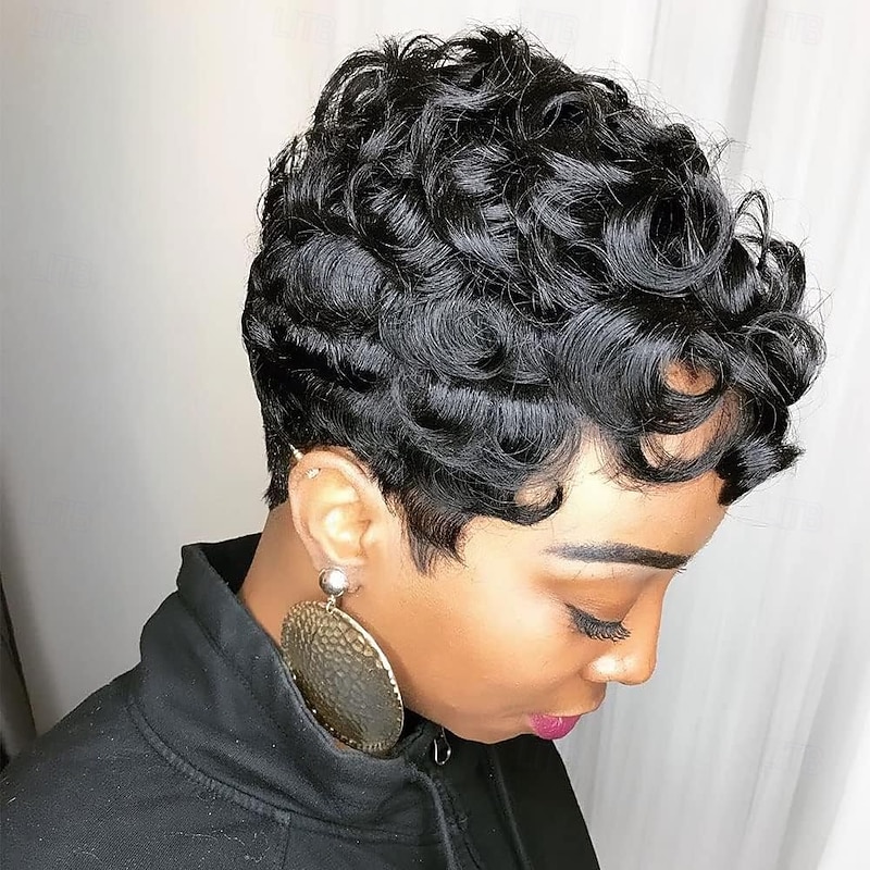 Short Pixie Wigs for Black Women Short Synthetic Wig For Black Women Natural Wavy Black Pixie Cut Wig Short Curly Layered Pixie Wig