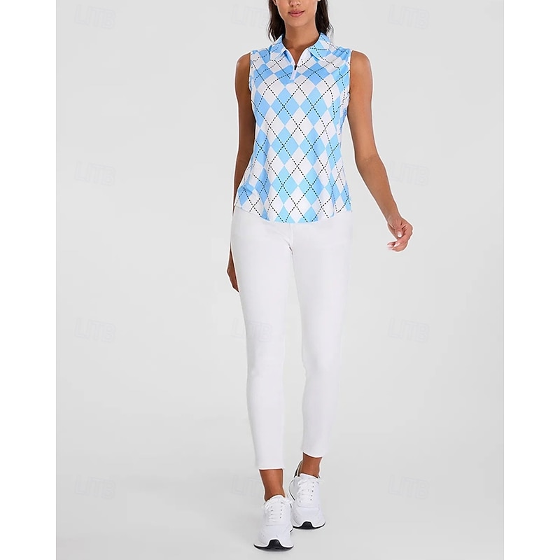 Women's Checkered Tennis Shirt Sleeveless Print UPF50+ Quick Dry Tennis Golf Outdoor Exercise Zip Collar Tee Tshirt Top Blue Tennis Clothing4