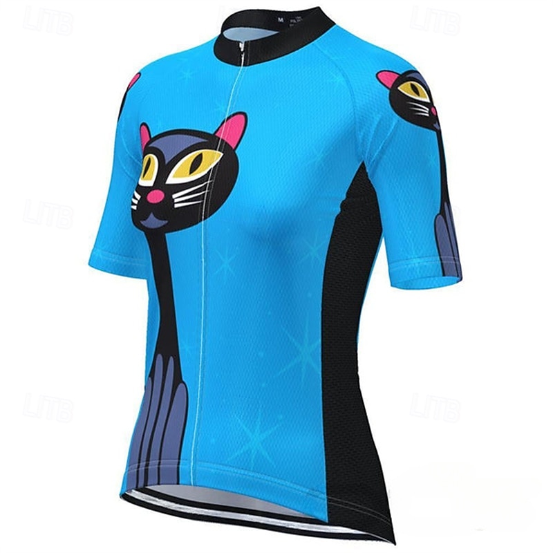 Women's Cycling Jersey Animal Cat Short Sleeve Bike Tee Tshirt Jersey Top with 3 Rear Pockets Mountain Bike MTB Road Bike Cycling Quick Dry Reflective Strips Moisture Wicking Breathable Sports Blue2