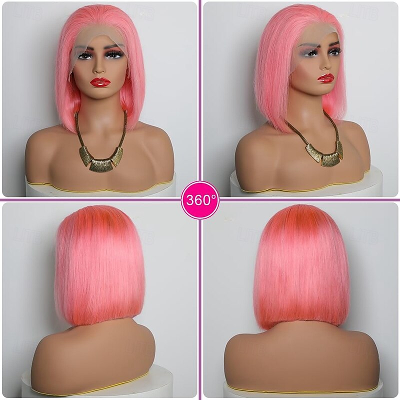 Pink# Human Hair Wig 13*4 Short BOBO Lace Wig Straight Human Hair 150% Density4