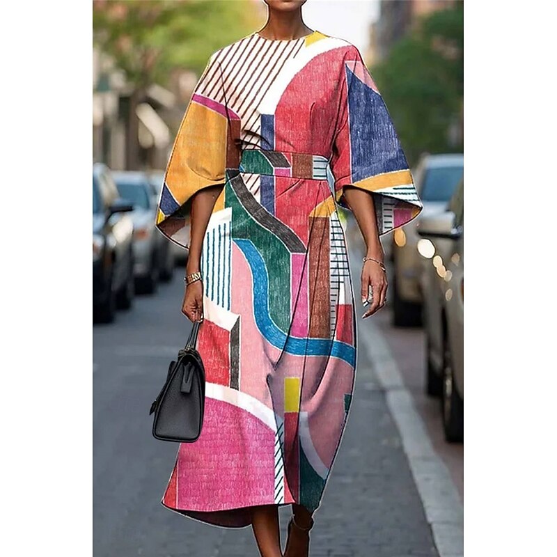 Women's Long Dress Maxi Dress Casual Dress Summer Dress Fashion Modern Daily Date Weekend Regular Fit Geometric 3/4 Length Sleeve Crew Neck Pink Blue Purple Fuchsia Summer4