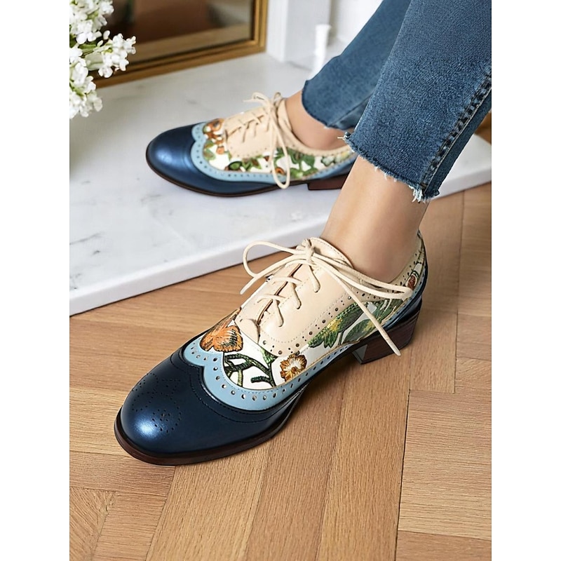 Women's Floral Embroidered Oxford Shoes – 1950s Vintage Lace-Up Faux Leather Flats for Daily Wear, Tea Parties & Garden Walks2