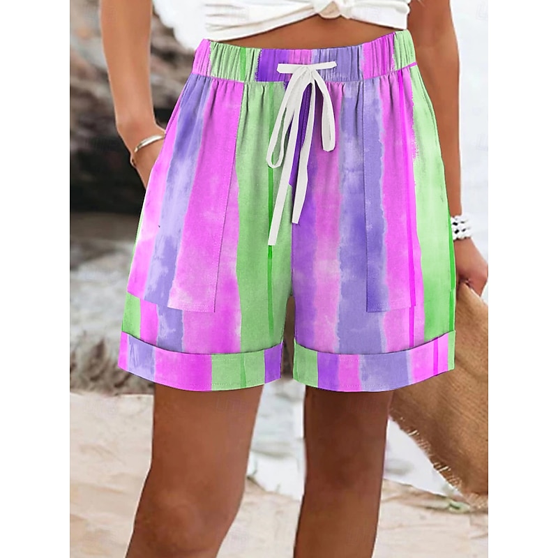 Women's Shorts Vacation Vintage Casual Short Mid Waist Graphic Striped Abstract Elastic Waist Vacation Street Violet Fuchsia Orange Summer Spring Regular Fit3