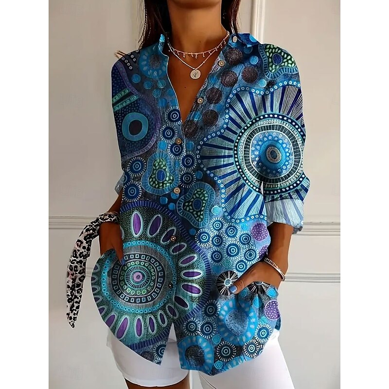 Women's Shirt Button Down Tunic Shirt Collar Long Sleeve Graphic Abstract Daily Stylish Modern Regular Tops Work Daily s Print Red Blue Orange Spring2