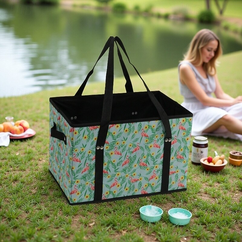 Reusable Grocery Bags Foldable Picnic Basket, Portable Travel Storage Tote, Non-Woven Fabric Handheld Shopping Basket, Collapsible Fruit and Vegetable Organizer Bin for Outdoor Camping3
