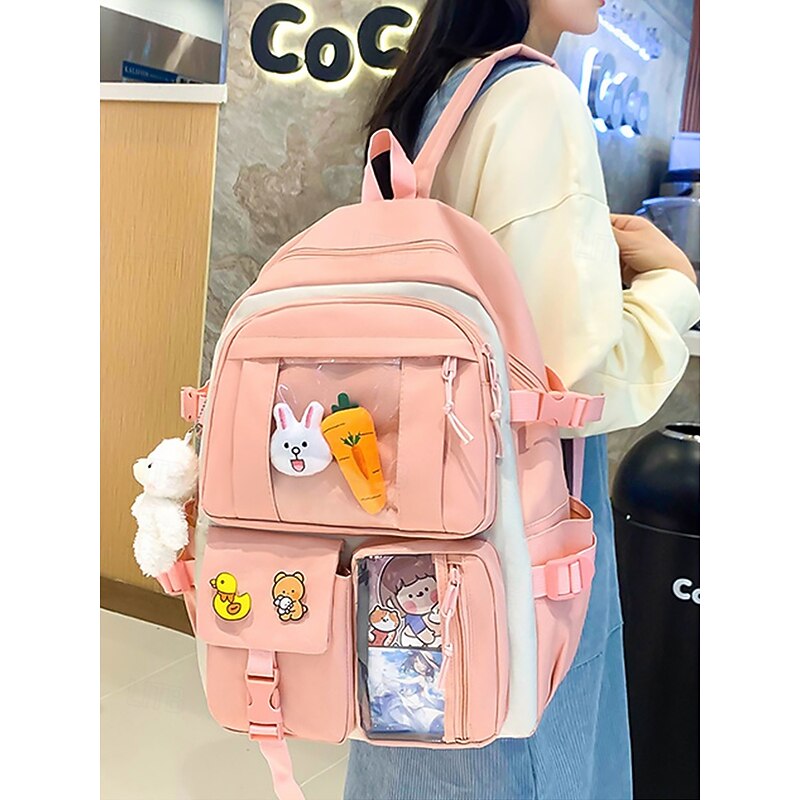 Women's 6-Piece Cute Kawaii Backpack Set with Clear Front Pockets, Cartoon Pins and Plush Charms, Lightweight Nylon School Bag for Teen Girls Campus Travel Daily Use3