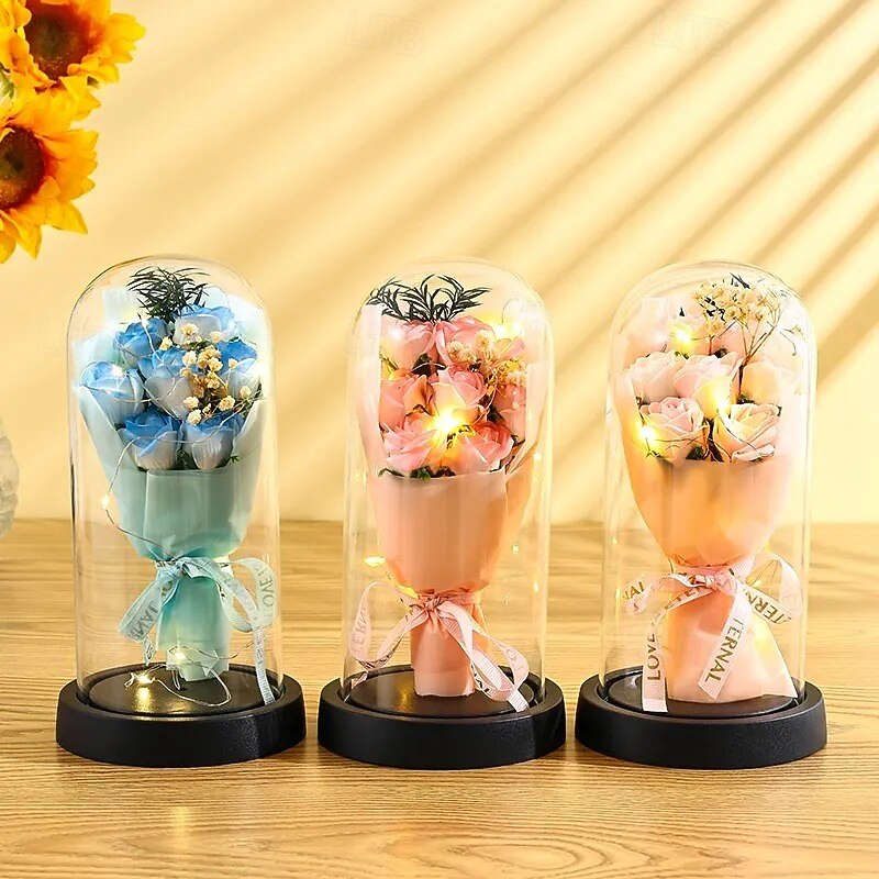 The Eternal Rose Bouquet Gift for Mom, Preserved Soap Flowers in Glass Dome with Light, Mother's Day Birthday Decoration for Women4