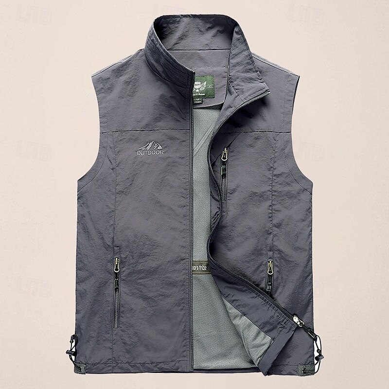 Men's Fishing Vest Sleeveless Vest Outdoor Casual Spring Fall Pocket Polyester Quick Dry Plain Zipper Stand Collar Black Army Green Blue Khaki Vest4