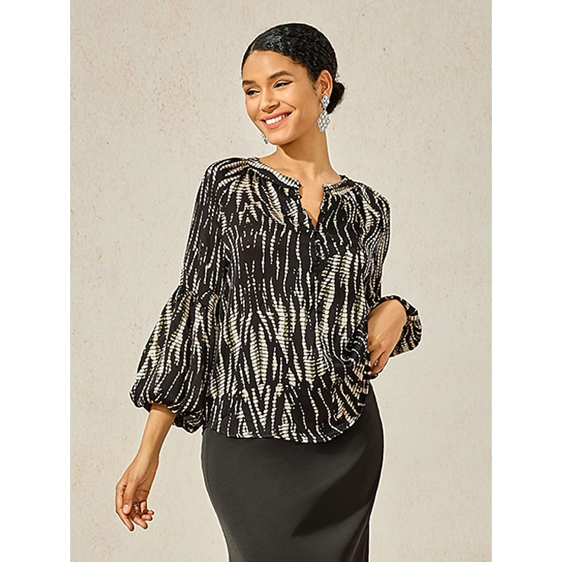 Women's Spotted Print Chiffon Shirt Lantern Sleeve Notched Collar Buttoned Blouse