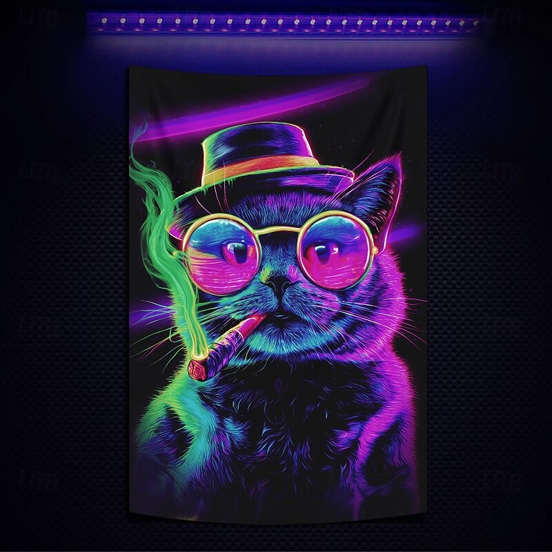 Blacklight Tapestry Glow in the Dark Glow Party UV Reactive Cat Trippy Misty Hanging Tapestry Wall Art Mural for Living Room Bedroom - Main Image