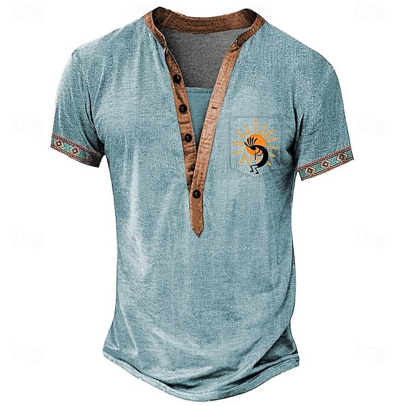 Men's Tribal Ethnic T Shirt Henley Shirt Tee Short Sleeve Designer Basic Ethnic Outdoor Casual Daily Summer Light Green Light Blue Khaki Henley Henley T-Shirt