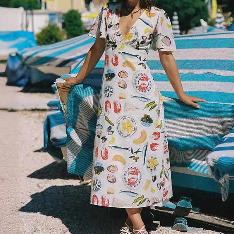 Women's Long Dress Maxi Dress Cotton Linen Dresses Casual Dress Fashion Outdoor Party Holiday Regular Fit Fruit Short Sleeve V Neck Beige Summer