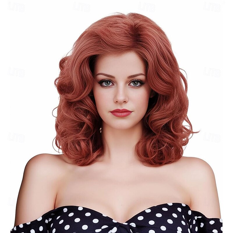 16 Inches Vintage Copper Red Wigs for Women Long Ginger Wavy Synthetic Natural Auburn Wig for 70s 80s Cosplay Halloween Daily Use