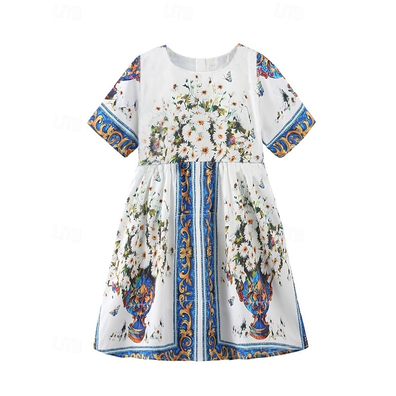 Kids Girls' Dress Flower Short Sleeve Outdoor Ruched Adorable Basic Cotton Knee-length Casual Dress Floral Dress Summer 4 years+ White2
