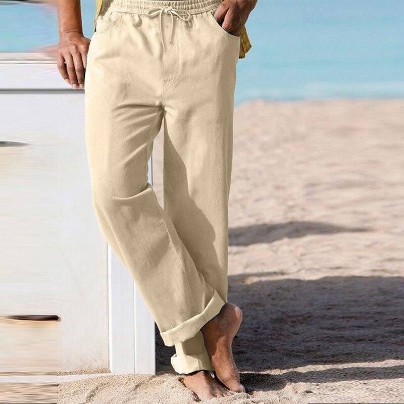 Men's Linen Pants Trousers Summer Pants Beach Pants Drawstring Elastic Waist Straight Leg Plain Comfort Breathable Full Length Casual Daily Holiday Vacation Fashion White Sky Blue4